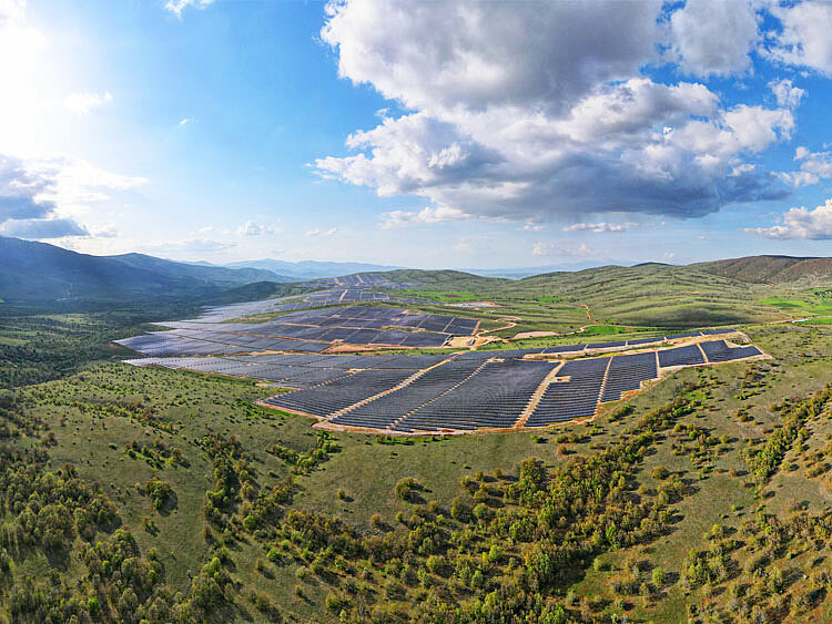 A large solar park stretches to the horizon and is bathed in sunlight.